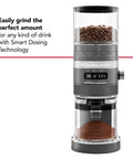 Premium Burr Coffee Grinder With Smart Dosing Technology For Dead Simple French Press To Espresso Ground Settings In Smooth Charcoal Grey Design, showcasing whole beans and ground coffee.