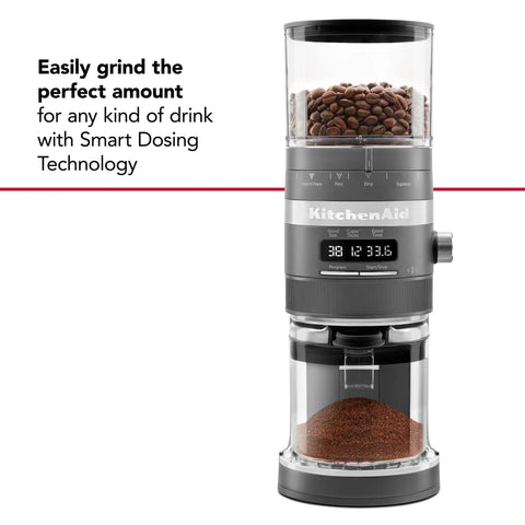 Premium Burr Coffee Grinder With Smart Dosing Technology For Dead Simple French Press To Espresso Ground Settings In Smooth Charcoal Grey Design, showcasing whole beans and ground coffee.