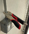 7.5 Inch Heavy Duty Locking Pliers with Screw Extractor and Curved Jaws gripping electrical conduit, quick release handle visible.