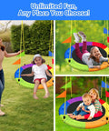 Heavy Duty 750Lb Saucer Tree Swing with adjustable straps and multi strand ropes, featuring children playing outdoors