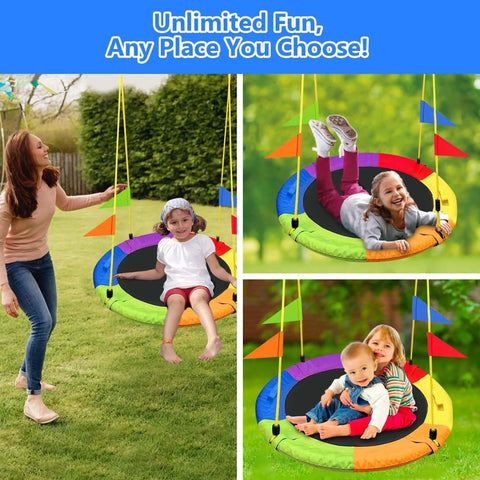 Heavy Duty 750Lb Saucer Tree Swing with adjustable straps and multi strand ropes, featuring children playing outdoors
