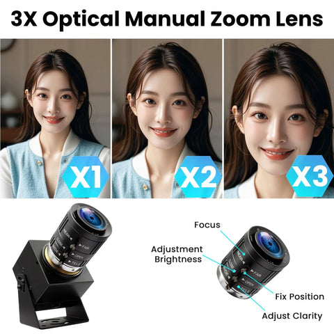 USB Camera With 120fps High Speed 4K 12MP Golf Swing Camera 3X Manual Optical Zoom Lens Plug And Play displayed with focus options