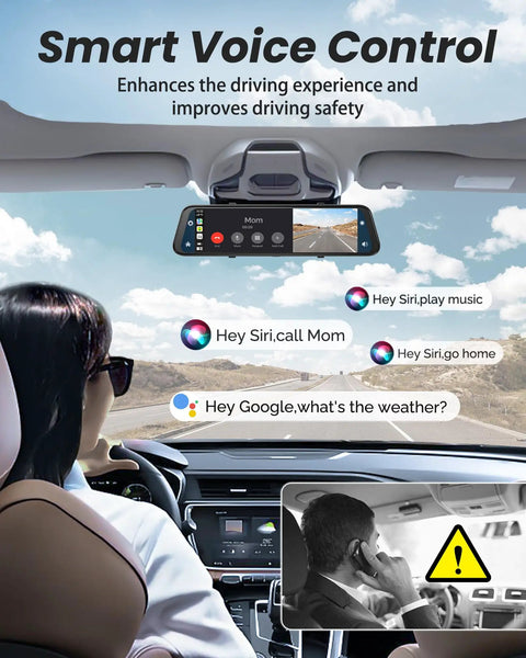 4K Rear View Mirror Camera With CarPlay And Android Auto, showing smart voice control interface in car.