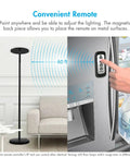 Super Bright 3000 Lumen LED Torchiere Floor Lamp With Remote 30W Touch Dimmer shown next to a fridge for remote range demonstration.