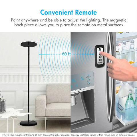 Super Bright 3000 Lumen LED Torchiere Floor Lamp With Remote 30W Touch Dimmer shown next to a fridge for remote range demonstration.