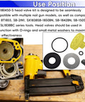 Top Shelf Head Valve Replacement Straight Shooter compatible with various nail guns with yellow rubber seals and steel pieces.