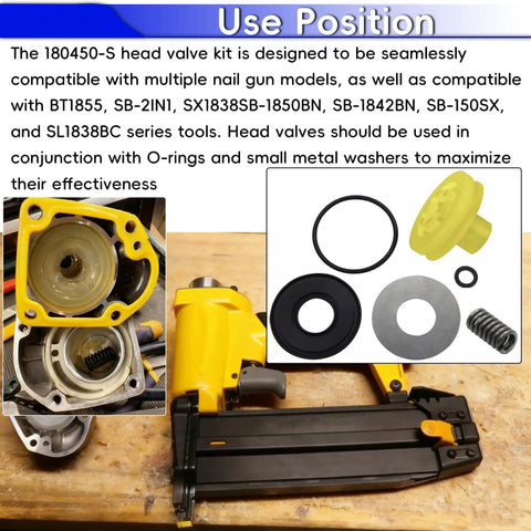 Top Shelf Head Valve Replacement Straight Shooter compatible with various nail guns with yellow rubber seals and steel pieces.