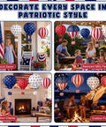 Five Pack 12 Inch Patriotic Hot Air Balloon Paper Lanterns For 4th Of July Indoor Outdoor Party Decor With Stars And Stripes Navy Star Field And Old Glory Designs displayed on a porch, backyard BBQ, indoor, and outdoor settings showcasing their versatility in decorating different spaces.