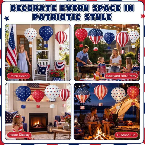 Five Pack 12 Inch Patriotic Hot Air Balloon Paper Lanterns For 4th Of July Indoor Outdoor Party Decor With Stars And Stripes Navy Star Field And Old Glory Designs displayed on a porch, backyard BBQ, indoor, and outdoor settings showcasing their versatility in decorating different spaces.