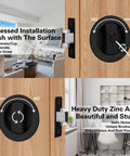 Round Pocket Door Lock And Edge Pull Privacy Latch With Color Coded Indicators Dope Matte Black Flush Pocket Door Hardware fits 1-1/4 to 2-1/5 inch door thickness and 2-3/8 inch backset, installed view.