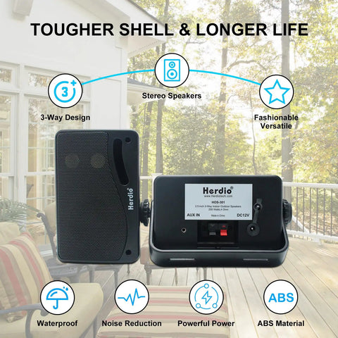 Outdoor Bluetooth Speakers 3.5 Inch, Beefed-Up Wired Waterproof 200W 3-Way Premium Wall Mount System in black on patio