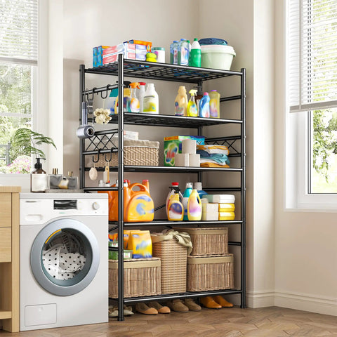 Heavy Duty 5 Tier Metal Shelving Rack With 1000Lbs Capacity 72In High 36In Wide 12In Deep 4 Side Hooks Black Ultra Versatile Garage Kitchen Bath Storage Organizer For Max Vertical And Corner Space in laundry room with supplies