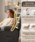 Woman sitting on Ultimate 360 Degree Swivel Rocker Recliner with ergonomic lumbar support in grey, nursery setting.