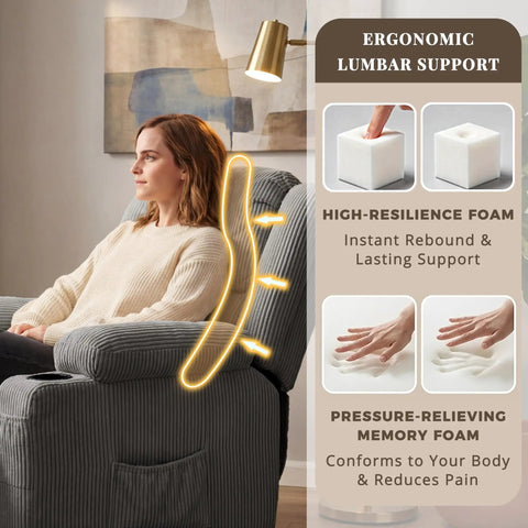 Woman sitting on Ultimate 360 Degree Swivel Rocker Recliner with ergonomic lumbar support in grey, nursery setting.