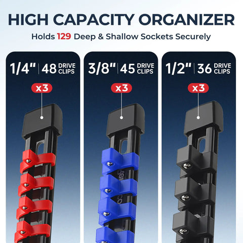 Nine Piece Socket Organizer Set Pro Grade Heavy Duty ABS Rail With End Caps For Easy Clip Adjustment front view