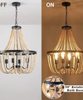 Fab Boho Wooden Bead Chandelier with Large Two Layer Maple Beads 4 Light Farmhouse Pendant Light, off and lit views.