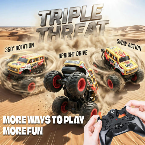 Remote Control Monster Truck With Dancing Spins Lights And Music 1 20 Scale RC Car For Boys Aged 4 To 10 Yellow Color Super Fun Birthday Gift For Kids Perfect Holiday Surprise shows 360° rotation, upright drive, and sway action in desert