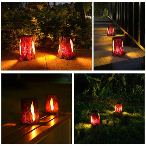 Solar Powered Outdoor Torch Lights 2 Pack Realistic Flame Effect Stump Lanterns For Garden, Patio, Pathway, Deck, And Yard Decor In Resin Copper Finish