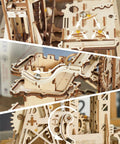 Close-up of Fortress Tower Marble Run Puzzle Kit With Interlocking Gear Mechanics 3D Wooden Coaster Build pieces