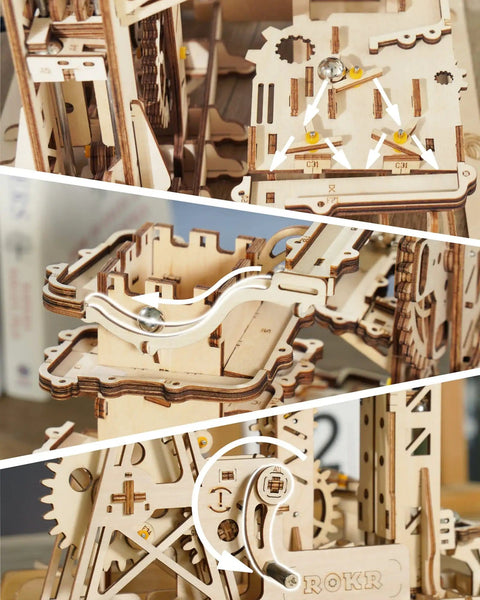 Close-up of Fortress Tower Marble Run Puzzle Kit With Interlocking Gear Mechanics 3D Wooden Coaster Build pieces