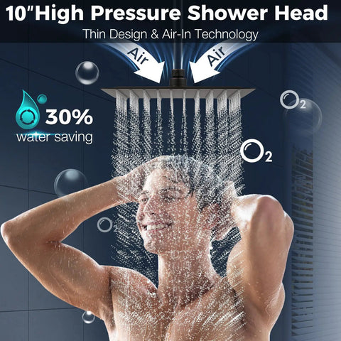 All Metal Shower Head With Handheld Combo For High Pressure 10 Inch Rainfall Shower Experience on male model with water flow