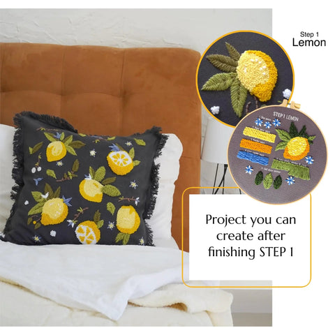 Beginner Punch Needle Kit With 14 Stitches Learn And Create A Simple DIY Embroidery Project For Adults, lemon pillow design