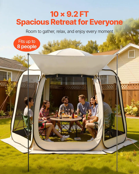 Big Pop Up Screen Tent 10x9.2 Ft With Awning Portable Gazebo with people inside, set up for outdoor gathering on a sunny day.