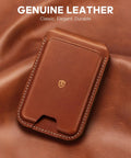 Top Shelf Genuine Leather MagSafe Wallet With Integrated Stand Holds Six Credit Cards Securely Showcased In Smooth Brown Oil Waxed Cowhide laying on leather.