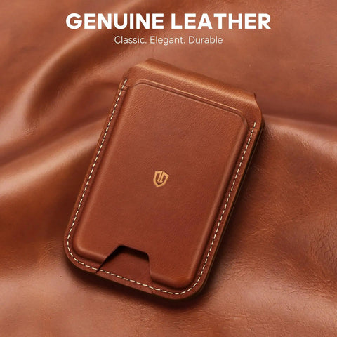 Top Shelf Genuine Leather MagSafe Wallet With Integrated Stand Holds Six Credit Cards Securely Showcased In Smooth Brown Oil Waxed Cowhide laying on leather.