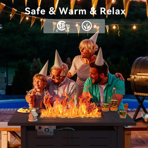 Family enjoying 41 Inch Propane Fire Pit Table With Removable Lid And Lava Rocks, 50,000 BTU Gas Fire Pit For Outside, Rectangle Black