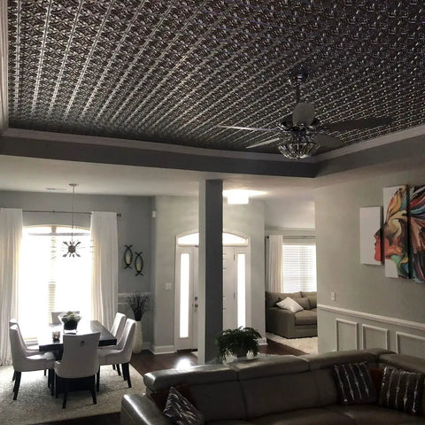 Living room with Gothic Reims PVC 2x2 Glue Up Ceiling Tiles Silver 10 Piece Dope Look Covers 40 Sq Ft Lightweight Class A Fire Rated