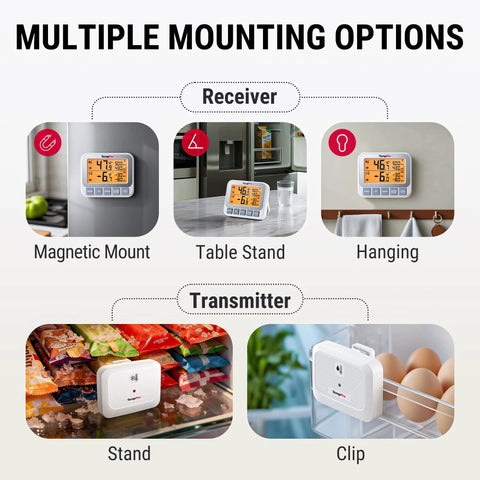 TempPro wireless thermometer with alarm; white unit with backlit LCD and magnetic, table stand, and hanging mounting options