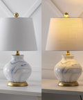 Blue And White Marbleized Ceramic Table Lamp With Gold Accents And White Linen Empire Shade, Contemporary Traditional Bedside Lamp For Living Room Or Nightstand, LED Bulb Included, Cozy Glow