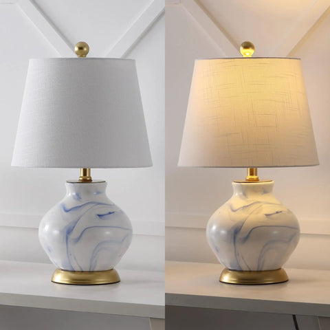Blue And White Marbleized Ceramic Table Lamp With Gold Accents And White Linen Empire Shade, Contemporary Traditional Bedside Lamp For Living Room Or Nightstand, LED Bulb Included, Cozy Glow