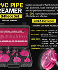 9-Piece PVC Pipe Reamer Kit with nine reamers for 1/2 in standard drills, displayed in black case, ideal for pipe deburring.