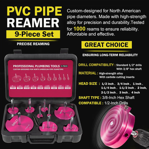 9-Piece PVC Pipe Reamer Kit with nine reamers for 1/2 in standard drills, displayed in black case, ideal for pipe deburring.
