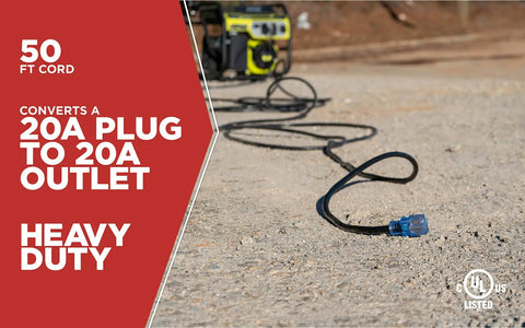 Beefy 50 Foot Generator Extension Cord With 10 Gauge 3 Conductors, lighted end on gravel, outdoor power cable for job sites