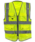 Built Different Neon Yellow Safety Vest With ANSI Class Two Reflective Striping And Nine Roomy Pockets For Construction Teams And Roadside Pros Wanting Top Shelf Coverage Locked In On Every Job Site, front view.