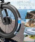 Close-up of Beast Dual Motor Electric Bike For Adults with 24x4 fat tire, showcasing terrain adaptability illustrations.