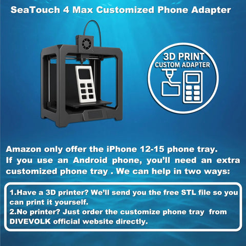 3D printer creating phone adapter for SeaTouch 4 Max, iPhone 12-15 tray, text about 3D print options and ordering.