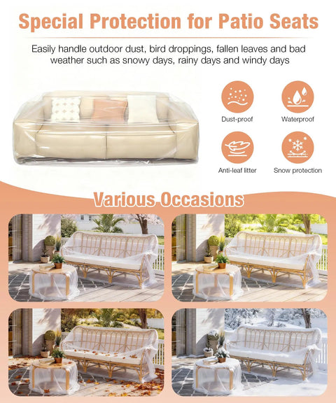 Image showing Extra Thick 4Mil Clear Furniture Cover For Sofa Sectional Loveseat And Outdoor Furniture Dust Proof Waterproof Moving Storage Bags 84 Inch H 43 Inch W 84 Inch D Large Size protecting patio seats in various weather conditions.