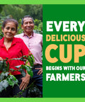 Two farmers standing in coffee field with 'Every Delicious Cup Begins With Our Farmers' text on the right side