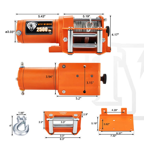 2500 Lb ATV UTV Electric Winch Kit dimensions and components overview
