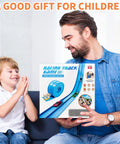 Man and child holding Flexible Track Race Set For Kids With 15 Foot Modular Track, 4 Suction Cups, And Six Diecast Cars box
