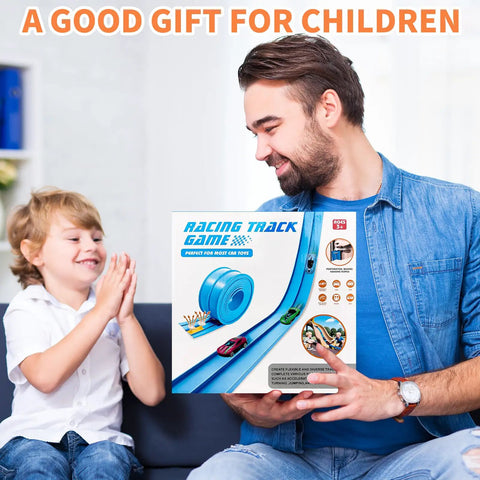 Man and child holding Flexible Track Race Set For Kids With 15 Foot Modular Track, 4 Suction Cups, And Six Diecast Cars box