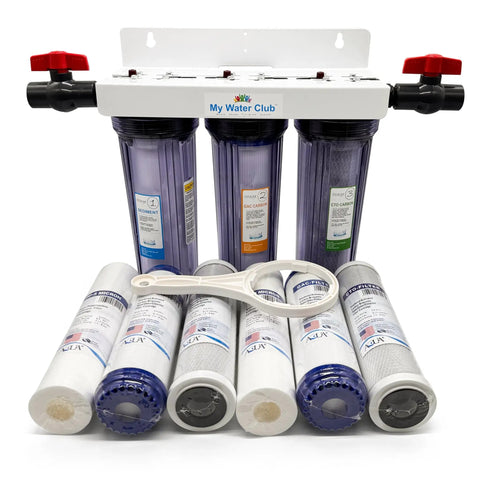 Whole House 3-Stage Water Filtration System With Three Quarter Inch Port, Dual Valves, And Extra One Year Filter Supply shown