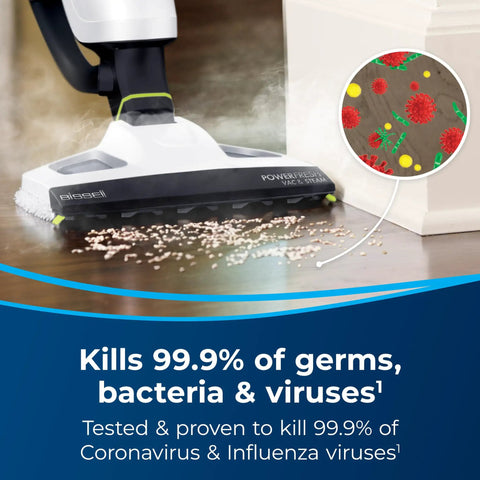 Kick Dust And Grime To The Curb With This All In One Vacuum And Steam Mop Featuring Digital Controls Powerful Cyclonic Suction And Deep Sanitizing Power For Quick Hardwood And Tile Floor Maintenance, shown in action on wood flooring.