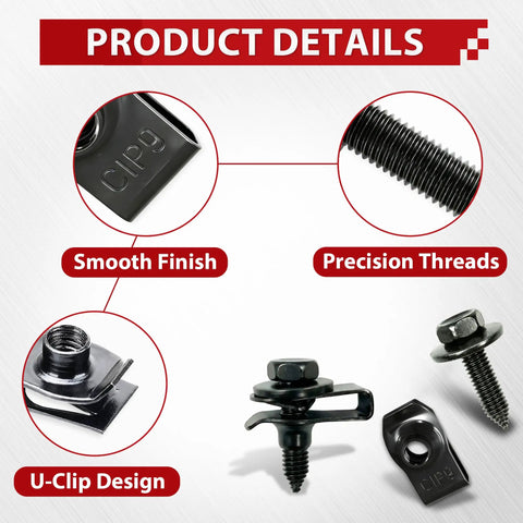 Close-up of Go-To 50-Piece Automotive Body Bolts And Screws With U-Nut Clips Kit showing smooth finish and precision threads.