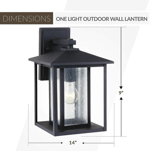 Hunnington One Outdoor Wall Lantern Light Fixture in black showing dimensions, 1 light, modern aluminum, wet location rated exterior wall mount