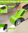Cordless Electric Scissors With 2000mAh Rechargeable Battery And LED Light showing safety lock feature and LED lights for visibility.